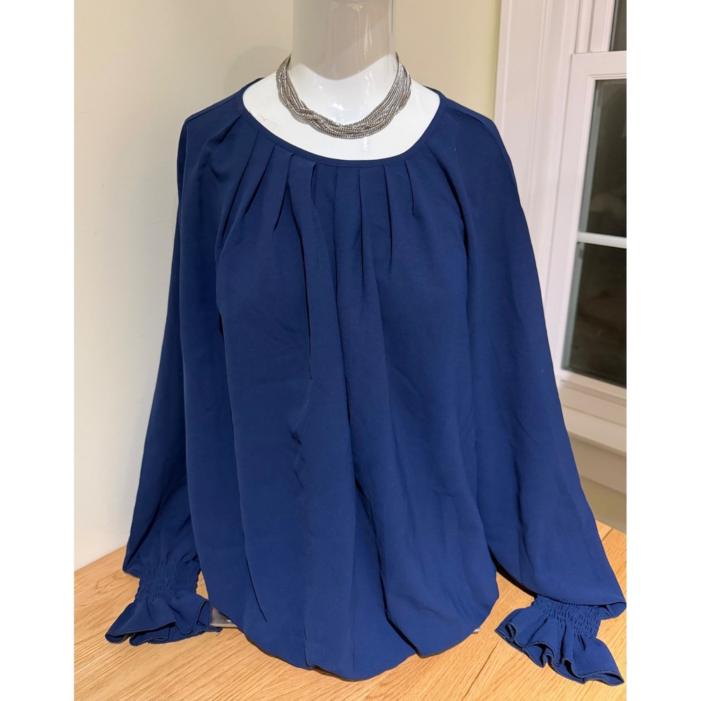 THEENKOLN Navy Blue Pleated Neck Long Sleeve Ruffled Cuff Blouse Top Women's‎ LL